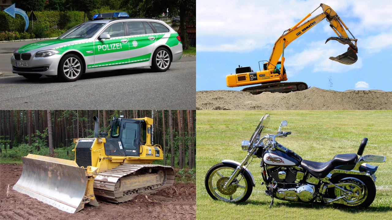 Polizeiauto, Bagger, Bus und weitere Fahrzeuge