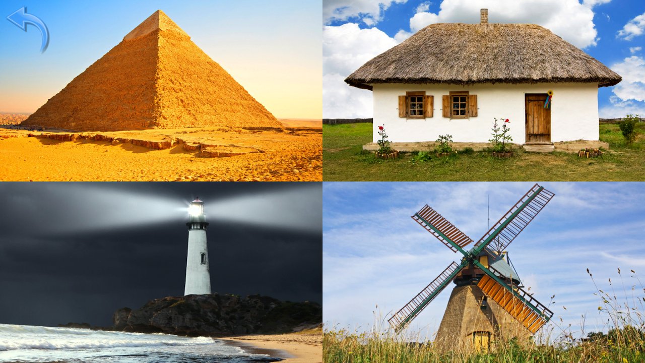 Pyramide, Wohnhaus, Leuchtturm und Windmühle