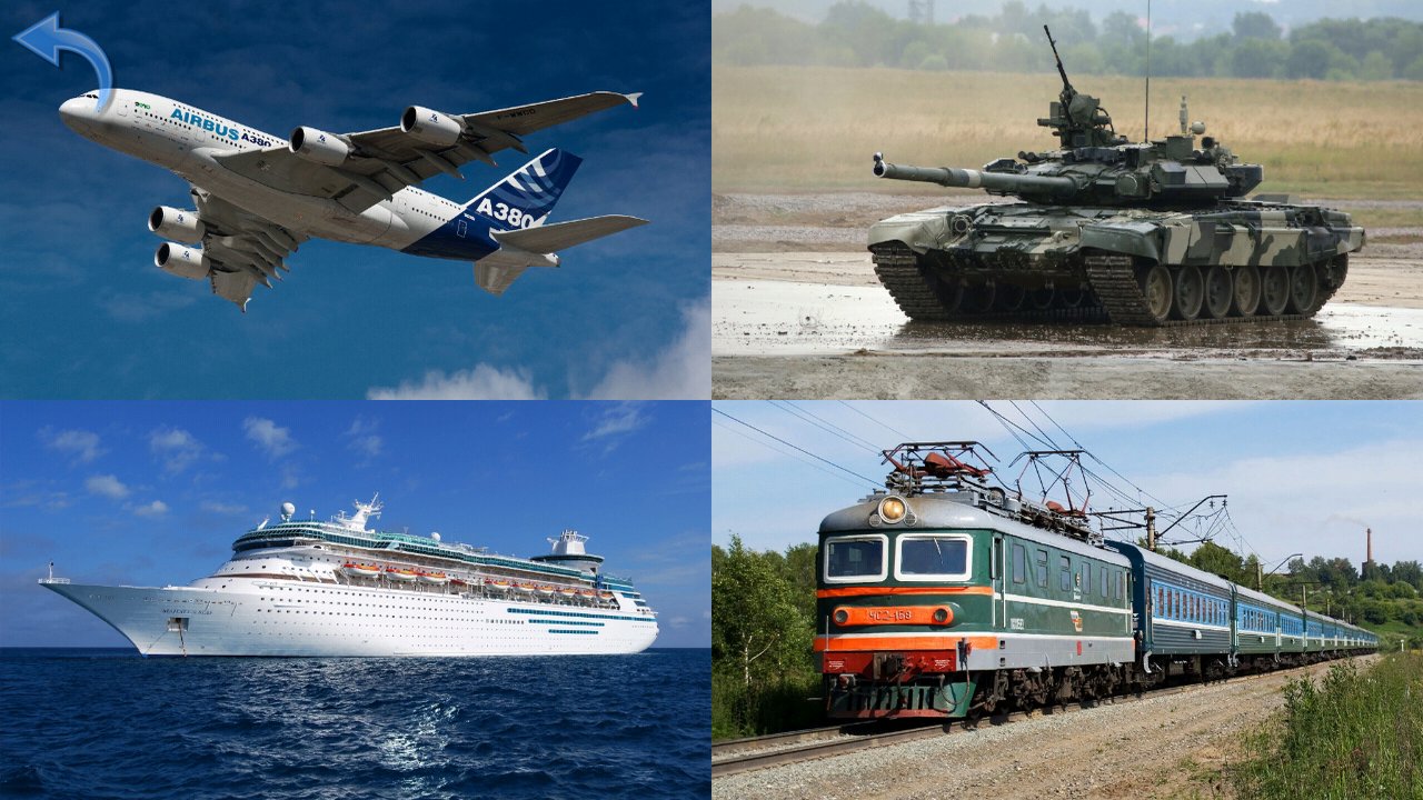 Vehicle photographs showing a plane, tank, ship and train