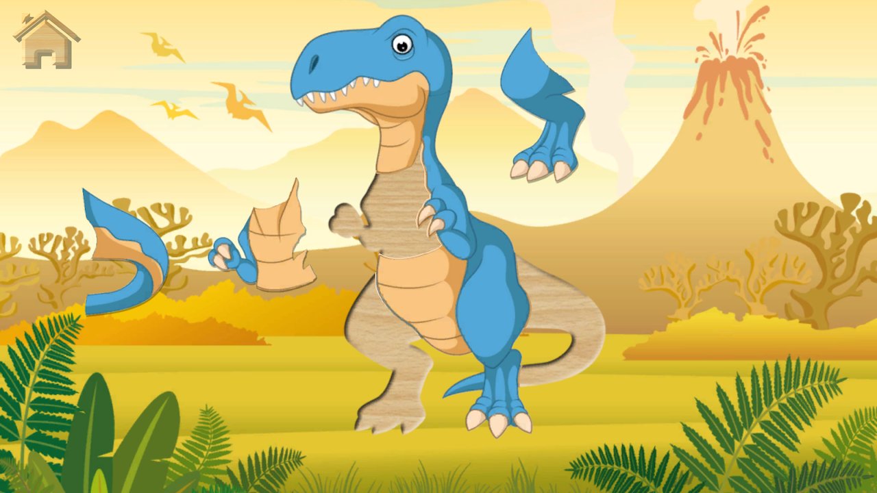 Putting together a blue dinosaur against a volcanic landscape