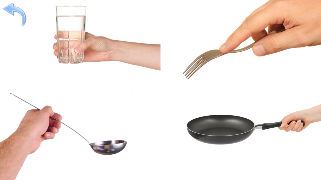 Photographs of a glass, fork, ladle and frying pan