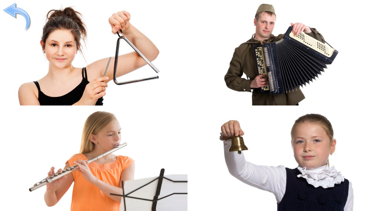 Photographs of people playing different musical instruments