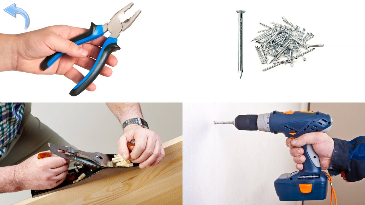 Photographs of pliers, nails, a hand tool and a drill