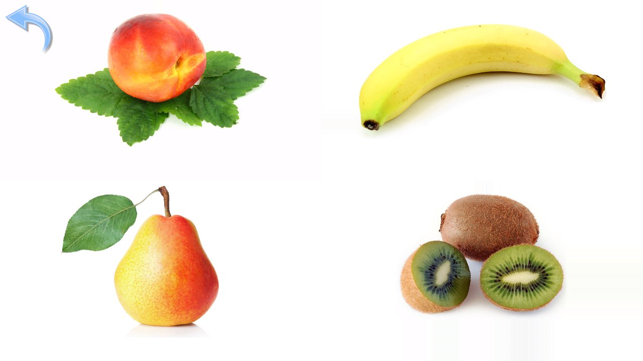 Fruit picture quiz with a peach, banana, pear and kiwi fruit