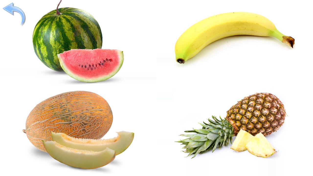 Fruit photographs showing watermelon, banana, melon and pineapple