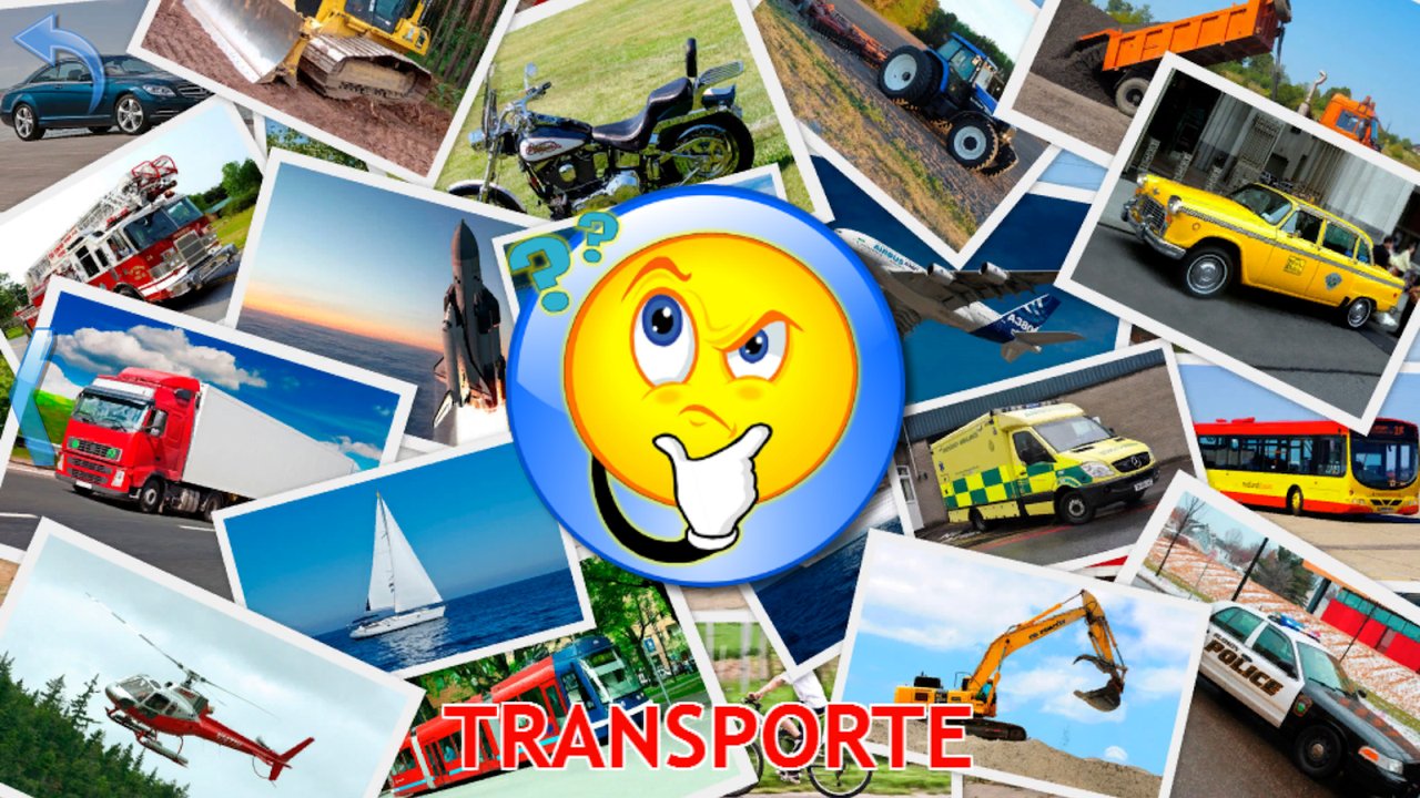 Cuestionario de transporte con una excavadora, una motocicleta, un tractor, un taxi y un helicóptero