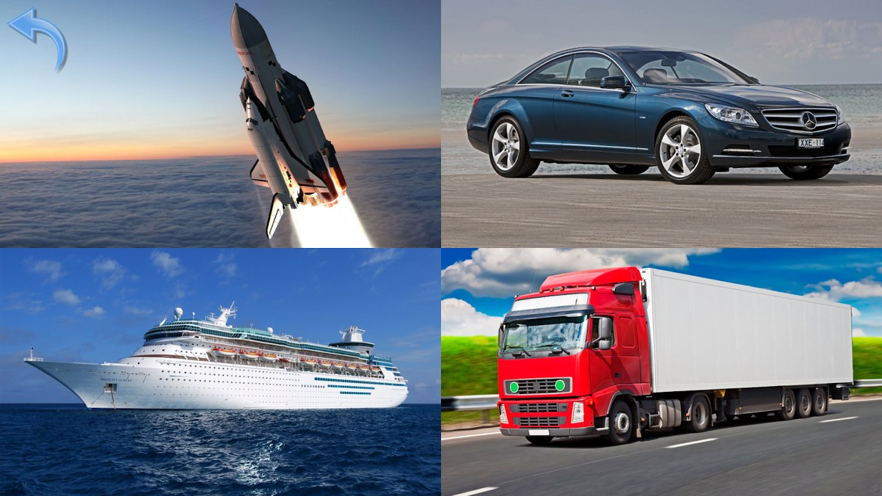 Collage de fotos con un transbordador espacial despegando, un coche, un crucero y un camión