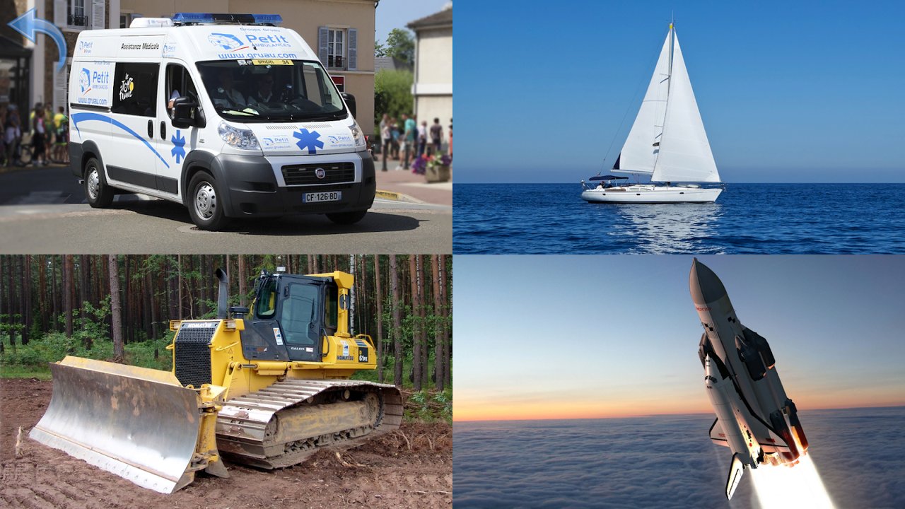 Collage de fotos con una ambulancia, un velero, una excavadora y un cohete despegando