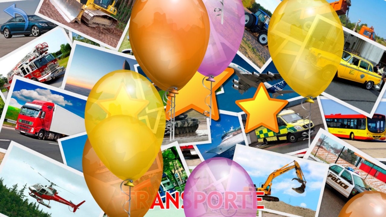 Pantalla de resultado con globos y estrellas sobre distintos vehículos, tras el cuestionario de transporte