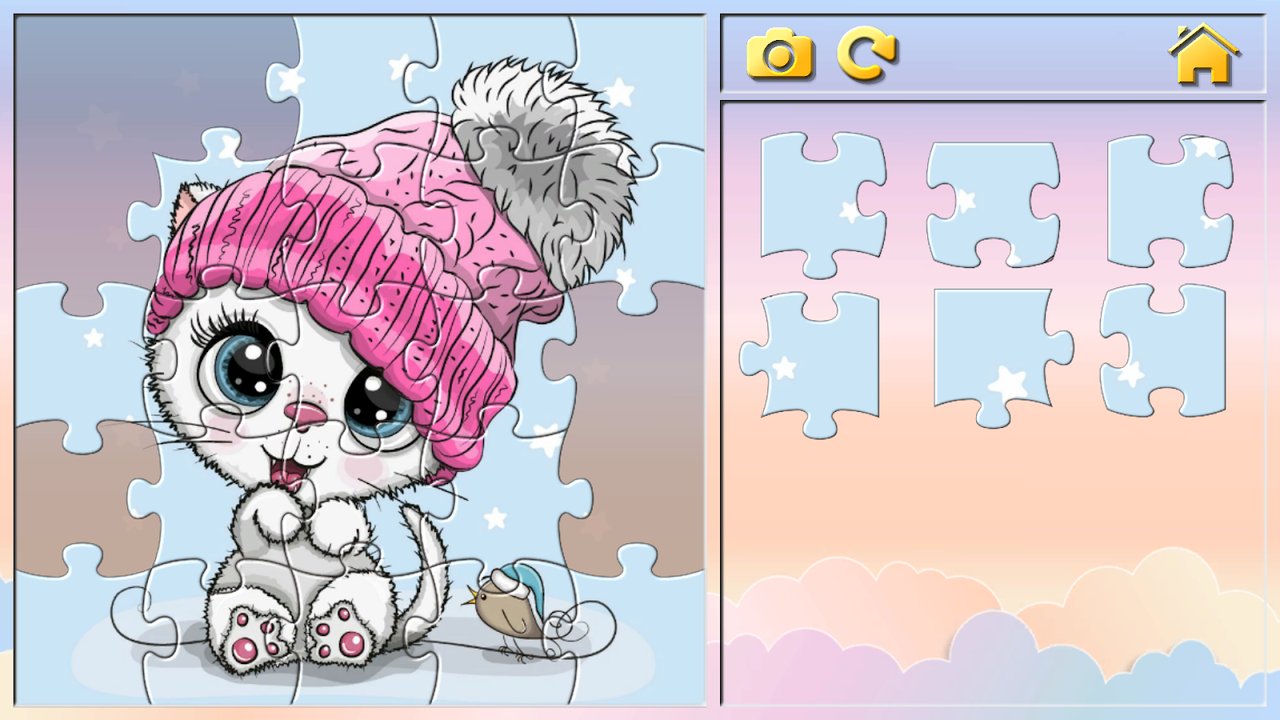 Montando el puzzle de un gatito con un gorro rosa