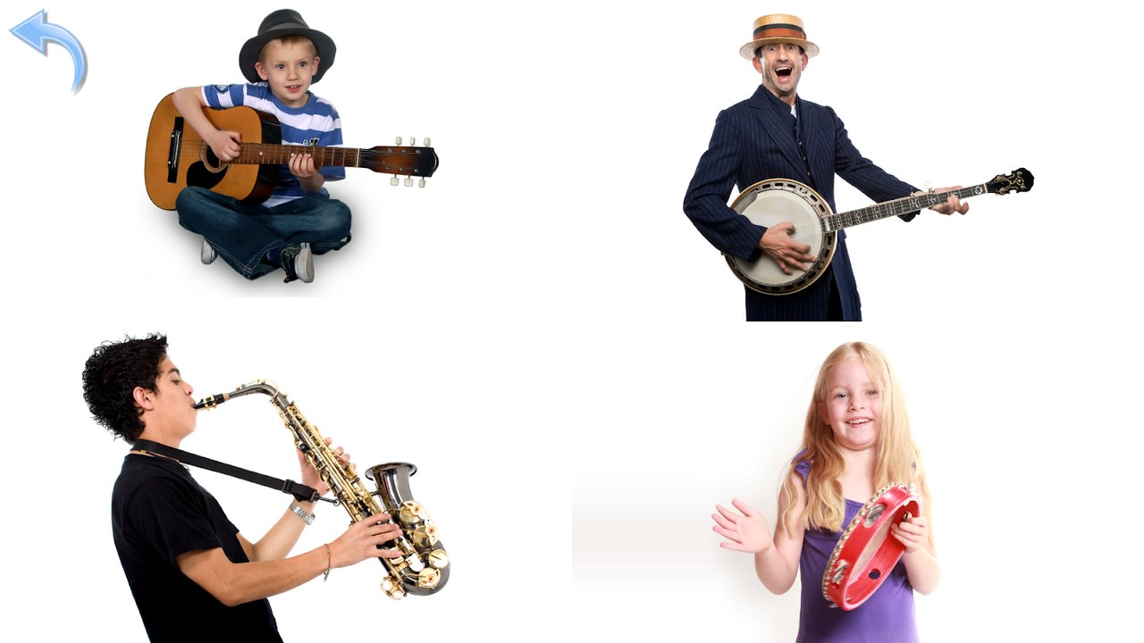 Collage de músicos tocando guitarra, banjo, saxofón y pandereta