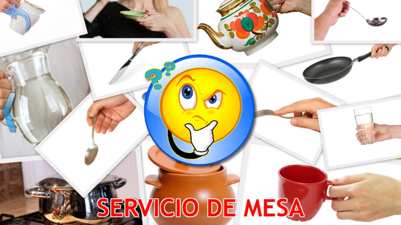 Cuestionario de servicio de mesa con una jarra, una tetera, un cazo, un tenedor y una taza