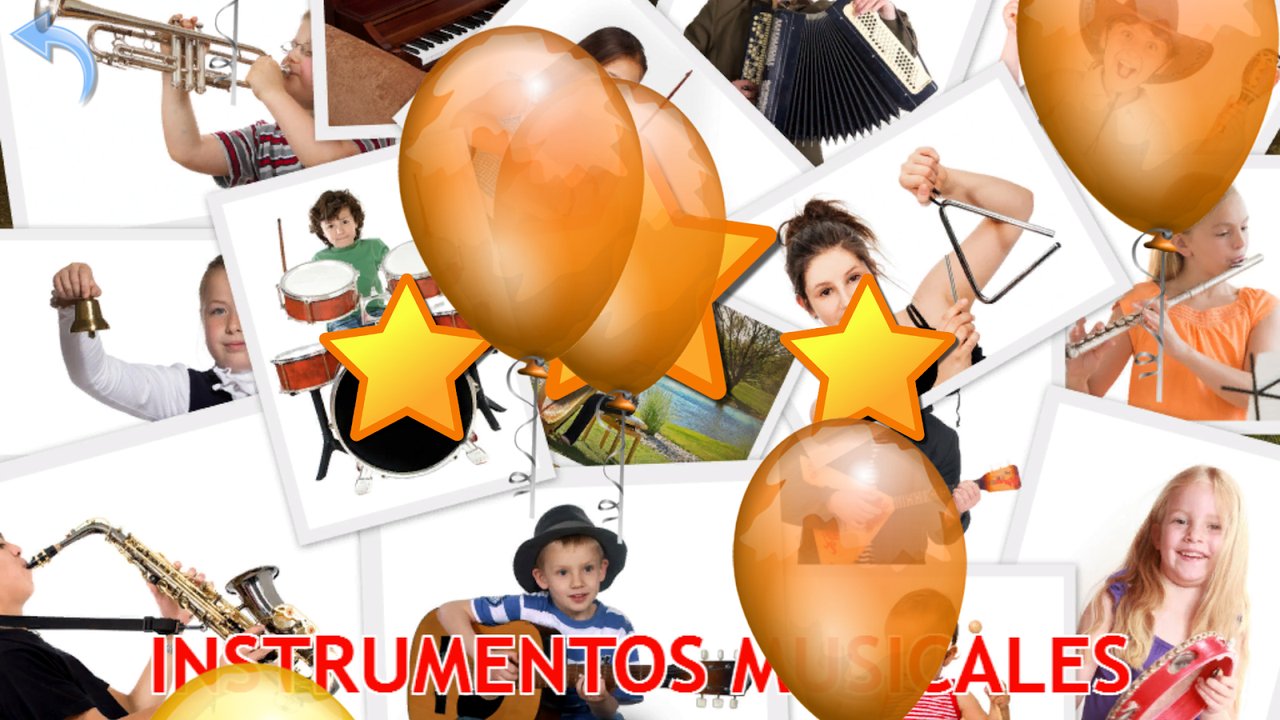 Pantalla de resultado «Instrumentos musicales» con globos y estrellas sobre trompeta, batería, acordeón y flauta