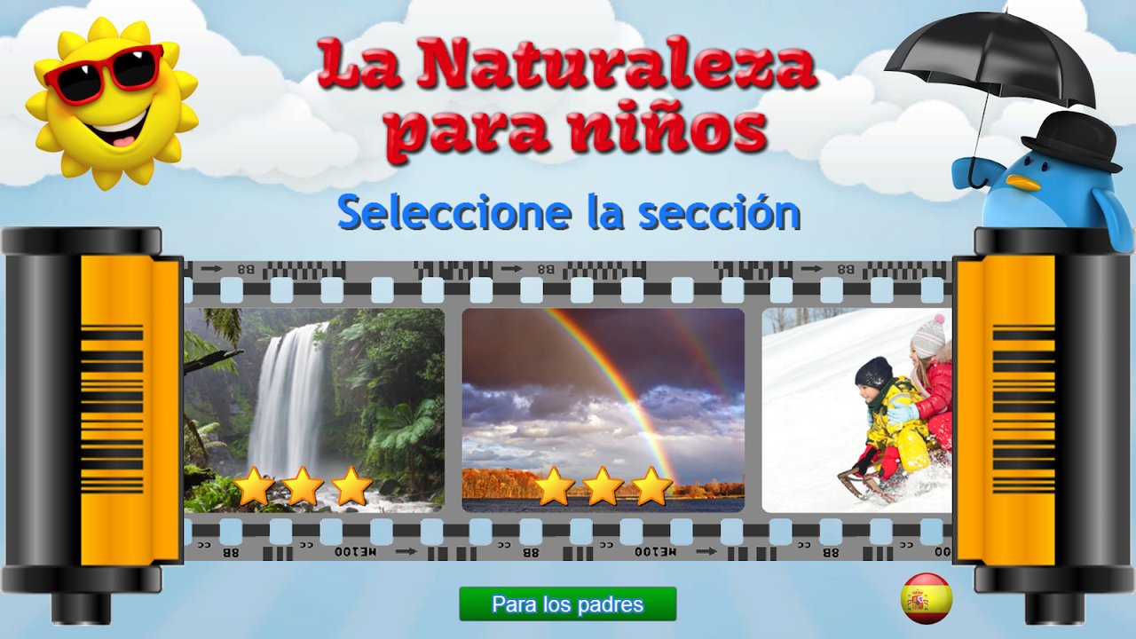 Pantalla de selección de sección de «La Naturaleza para niños», con una cascada, un arcoíris y niños en trineo