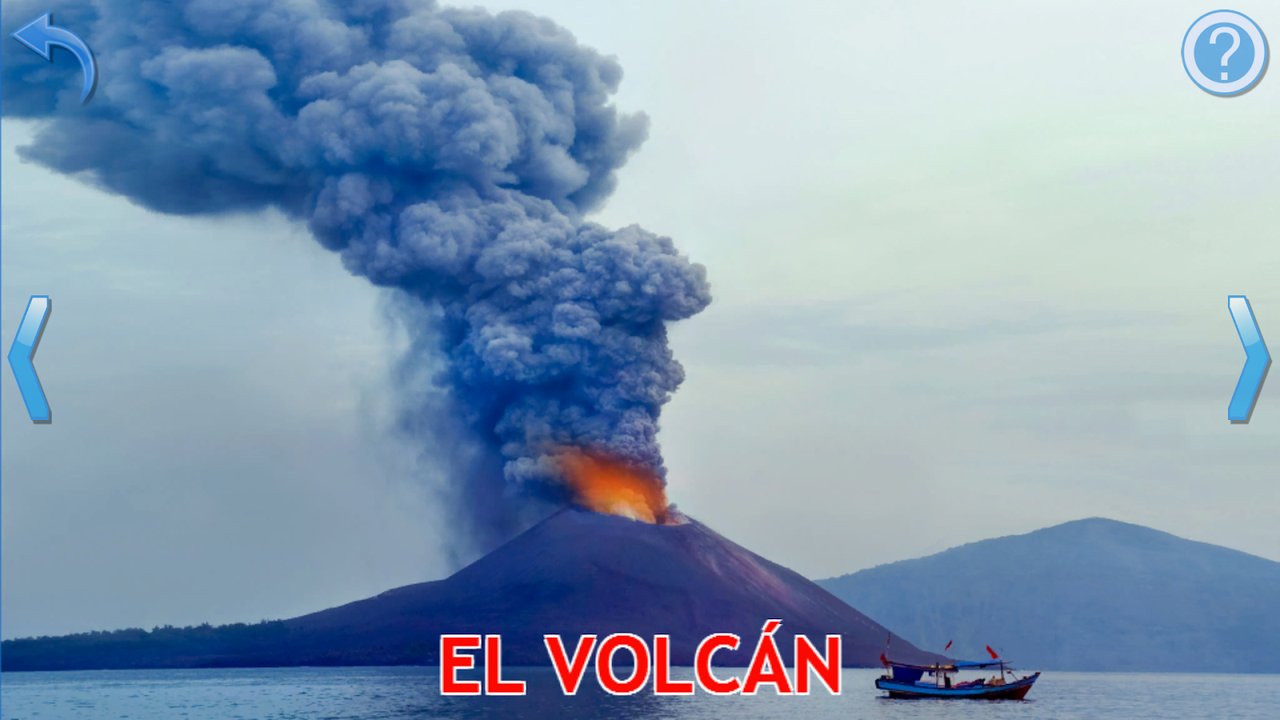Tarjeta de aprendizaje con la fotografía de un volcán en erupción junto al mar