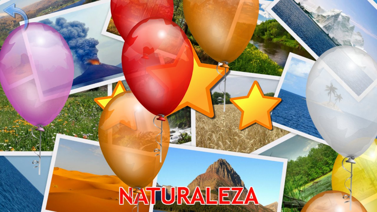 Pantalla de resultado «Naturaleza» con globos y estrellas sobre un volcán, un río y un desierto