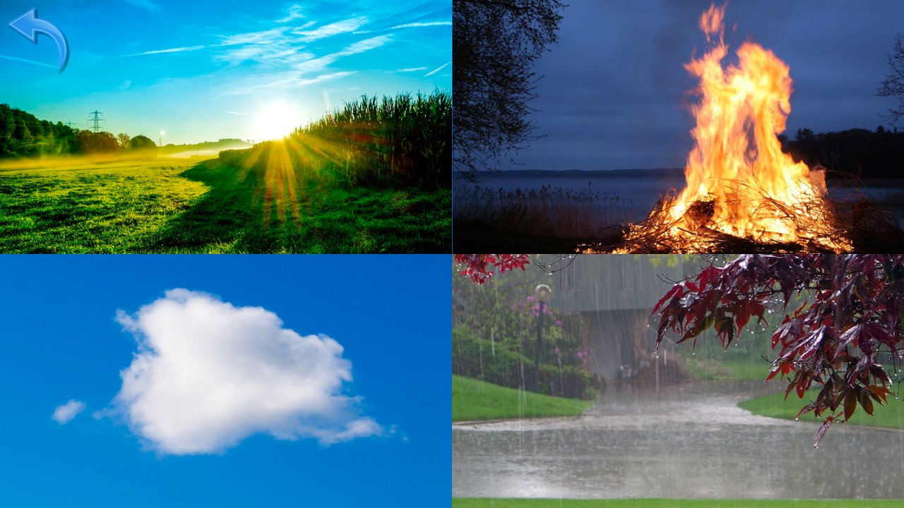 Collage del tiempo atmosférico: un amanecer soleado, una hoguera nocturna, una nube y lluvia sobre un jardín