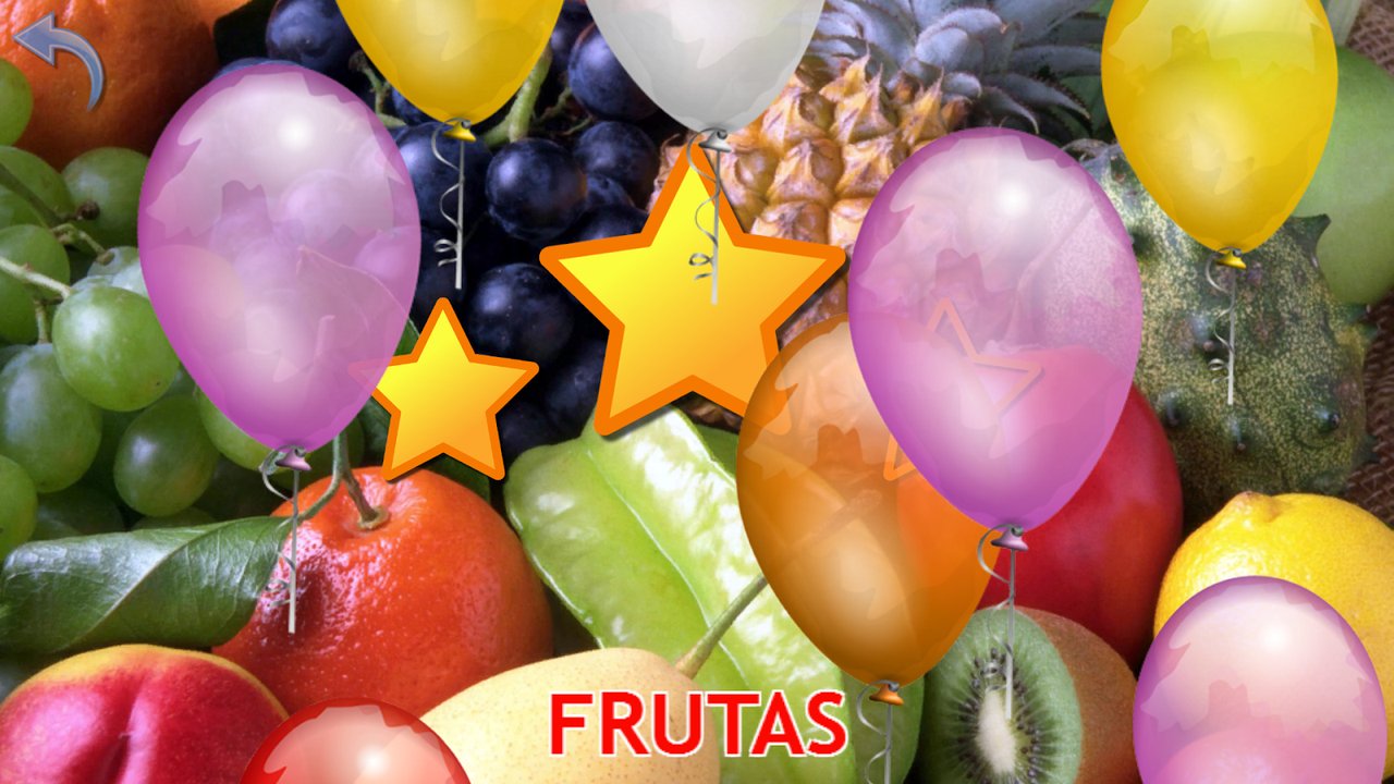 Pantalla de resultado «Frutas» con globos y estrellas sobre uvas, piña y otras frutas