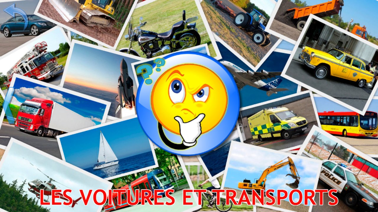 Collage de véhicules avec un point d’interrogation avant le quiz : camion, bulldozer, moto, tracteur, avion, ambulance, taxi, bus, hélicoptère et fusée