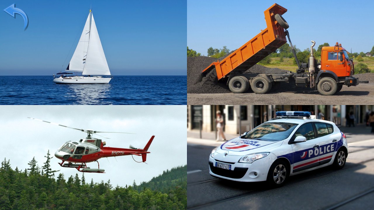 Quiz en images avec voilier, camion à benne, hélicoptère et voiture de police