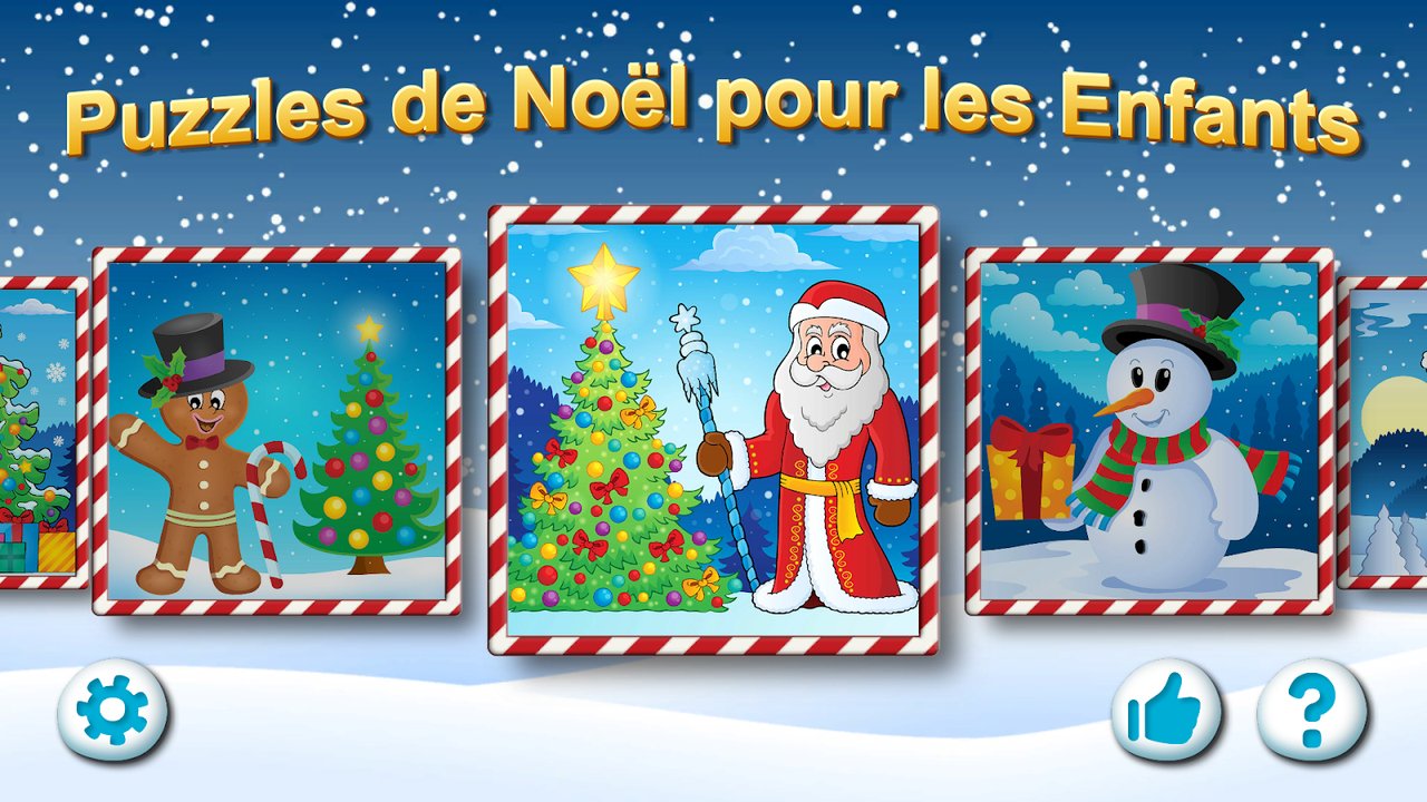 Écran d’accueil « Puzzles de Noël » avec bonhomme en pain d’épice, sapin, Père Noël et bonhomme de neige à choisir