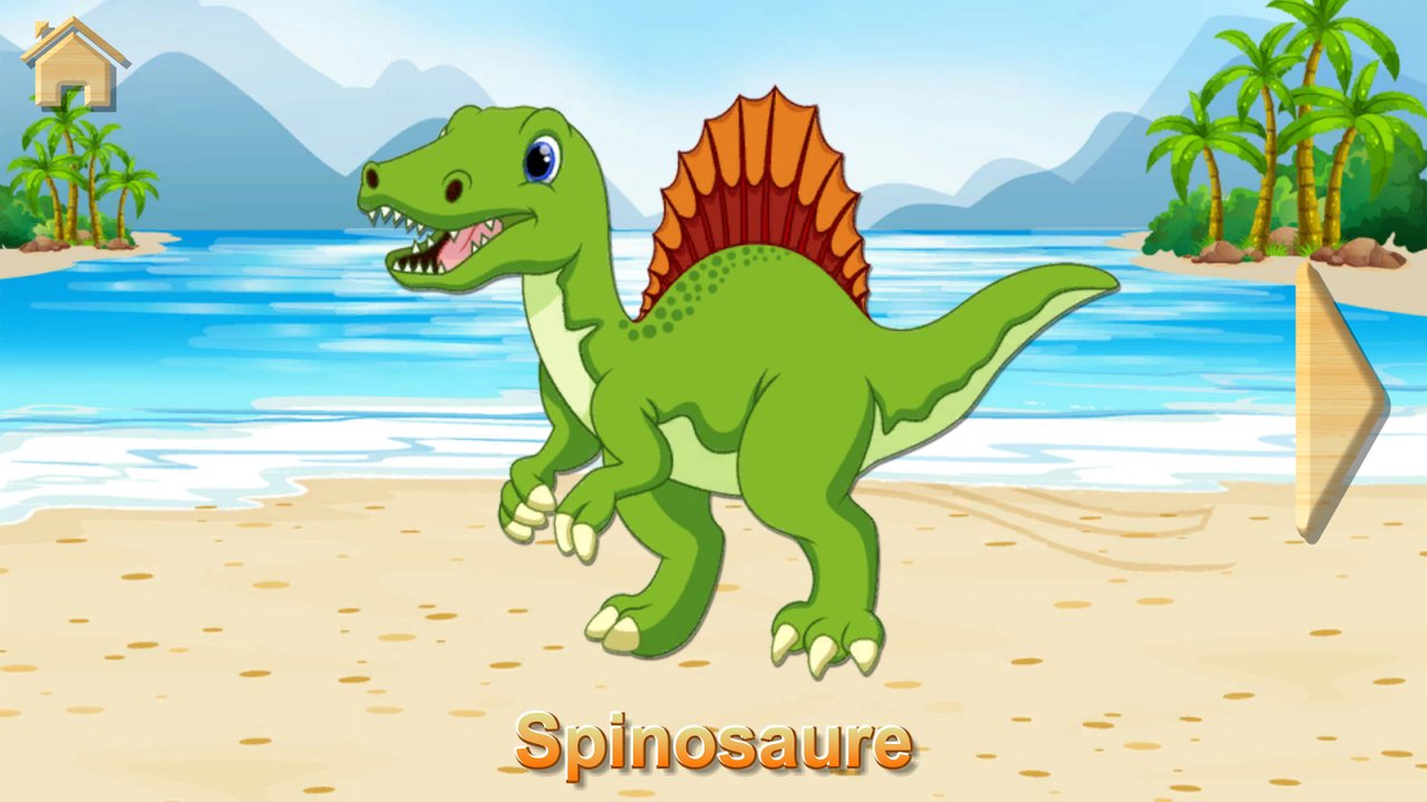 Spinosaure terminé sur une plage tropicale, avec son nom affiché