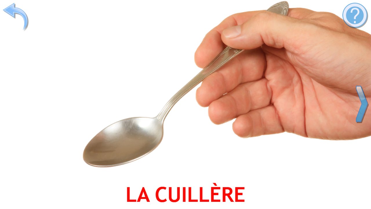 Carte d’apprentissage avec une photo réelle de cuillère tenue à la main
