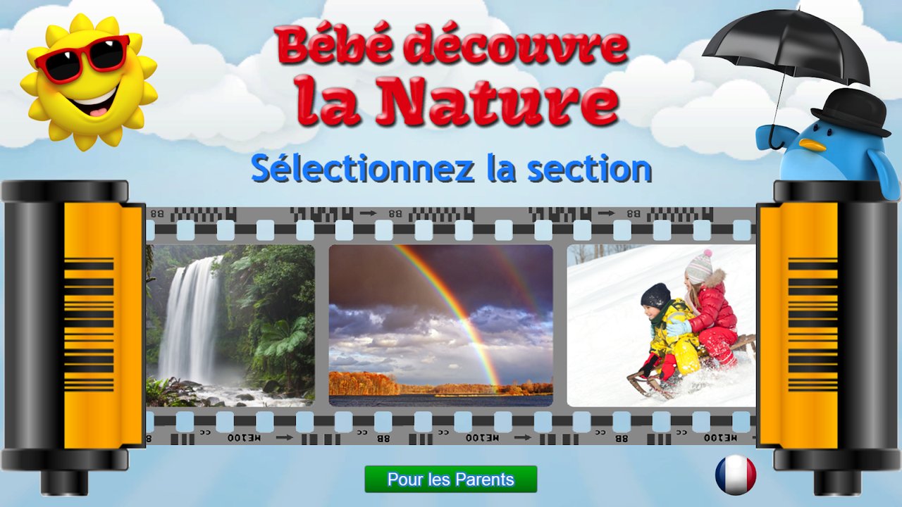 Écran de sélection avec une cascade, un arc-en-ciel et des enfants en luge dans la neige