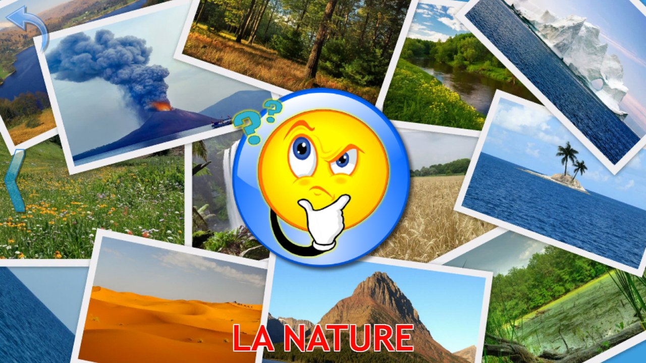 Collage de paysages avec un point d’interrogation avant le quiz : volcan, désert, montagne, iceberg, île, rivière, forêt et champ de blé