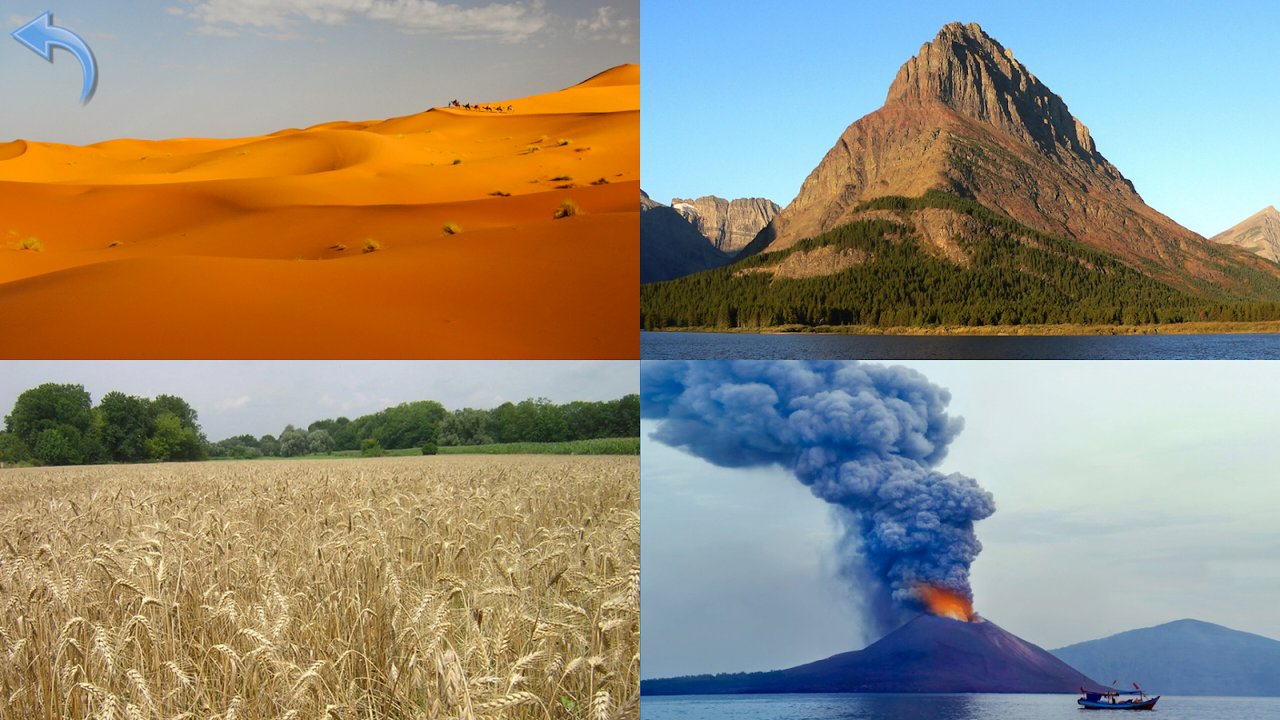 Quiz en images avec dunes de désert, sommet montagneux, champ de blé et volcan en éruption