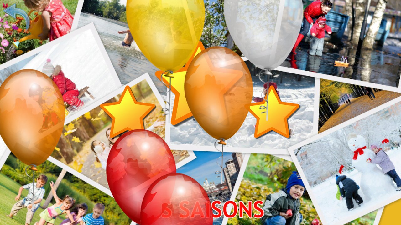 Collage animé avec étoiles et ballons après un quiz réussi sur les saisons