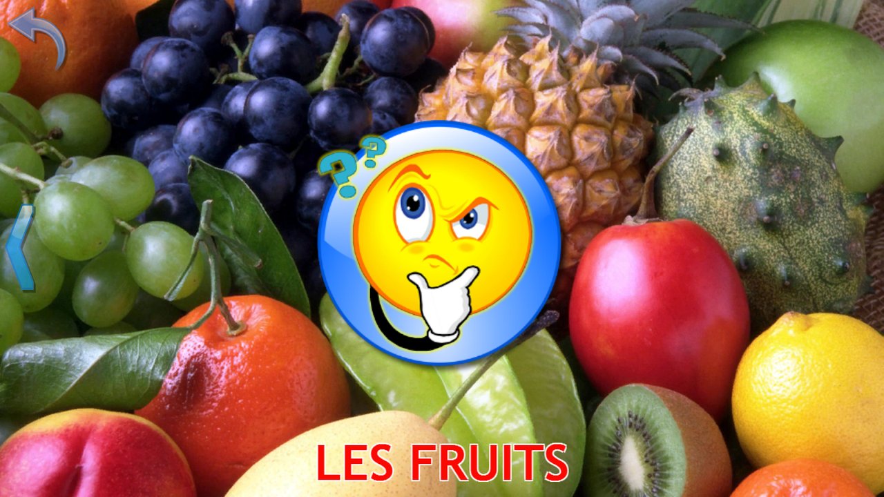 Collage de fruits avec un point d’interrogation avant le quiz : raisin, ananas, tomate, kiwi, citron et orange