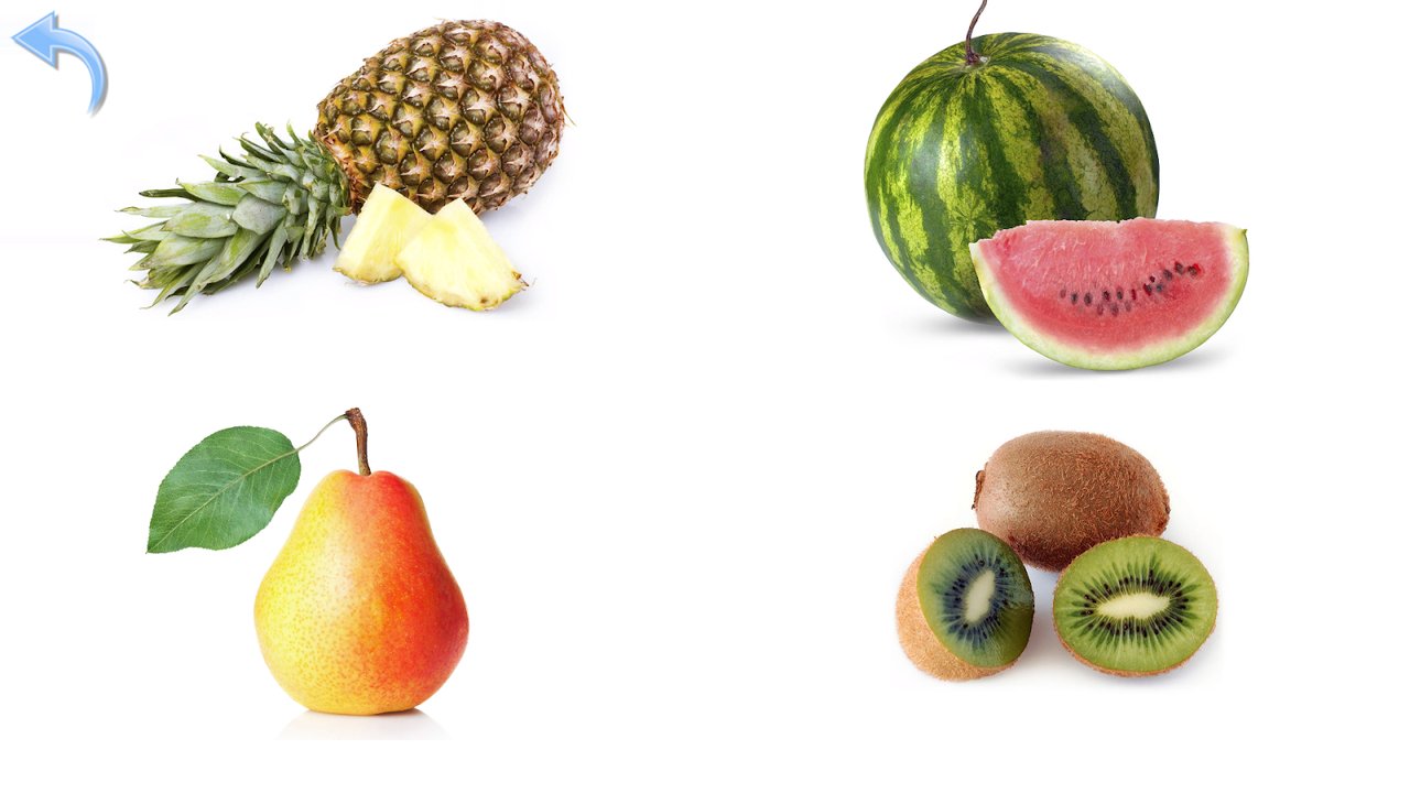 Quiz en images avec ananas, pastèque, poire et kiwi