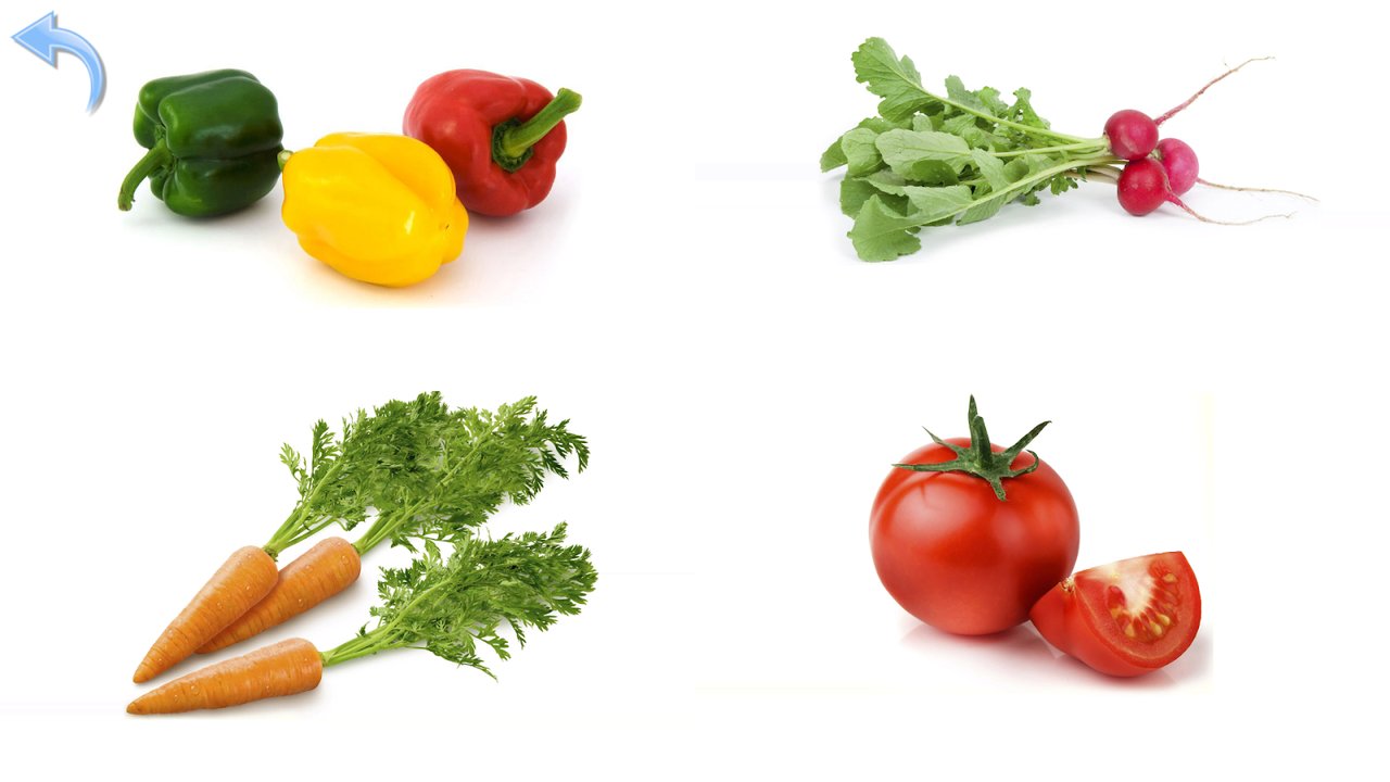 Quiz en images avec poivrons, radis, carottes et tomate