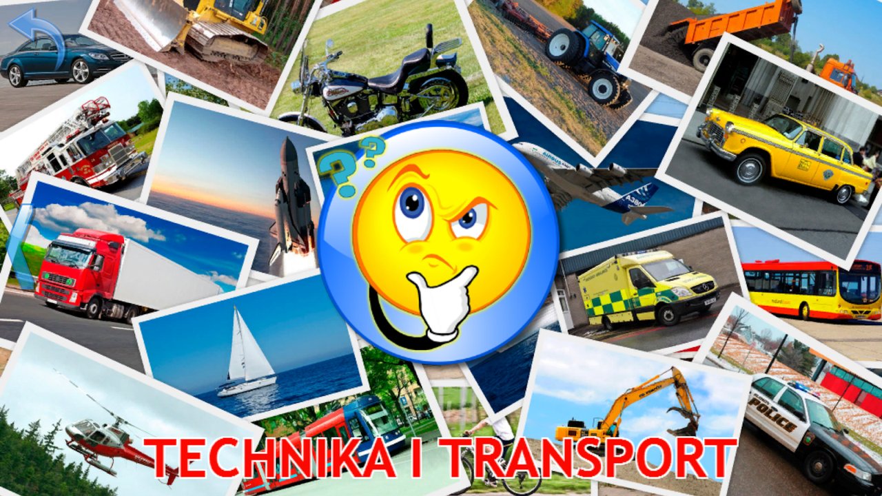 Quiz obrazkowy o technice i transporcie z autami, motocyklem i ciągnikiem