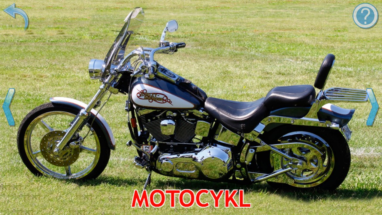 Fiszka z prawdziwym zdjęciem motocykla zaparkowanego na trawie