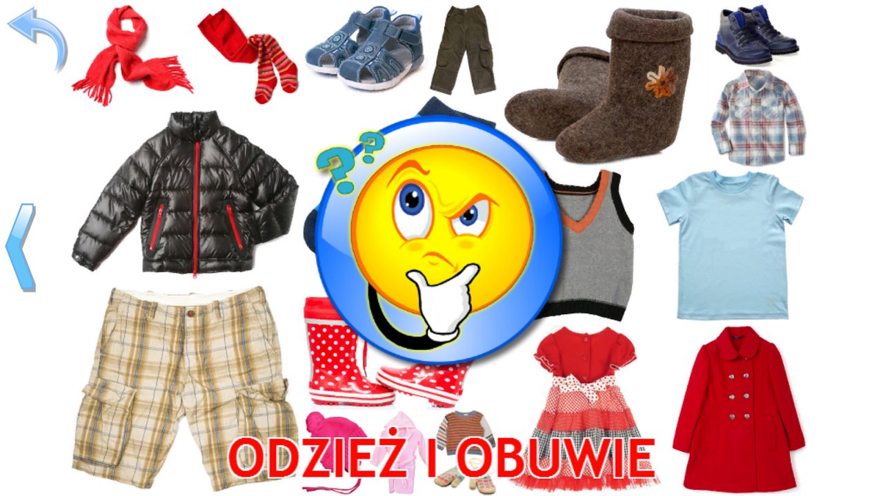 Quiz obrazkowy o odzieży i obuwiu z kurtką, butami i sukienką