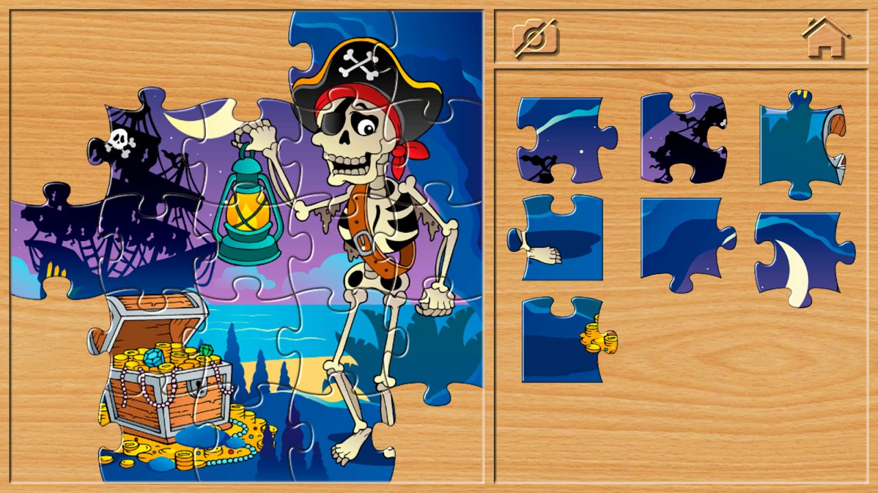 Układanie puzzli ze szkieletem pirata i skarbem