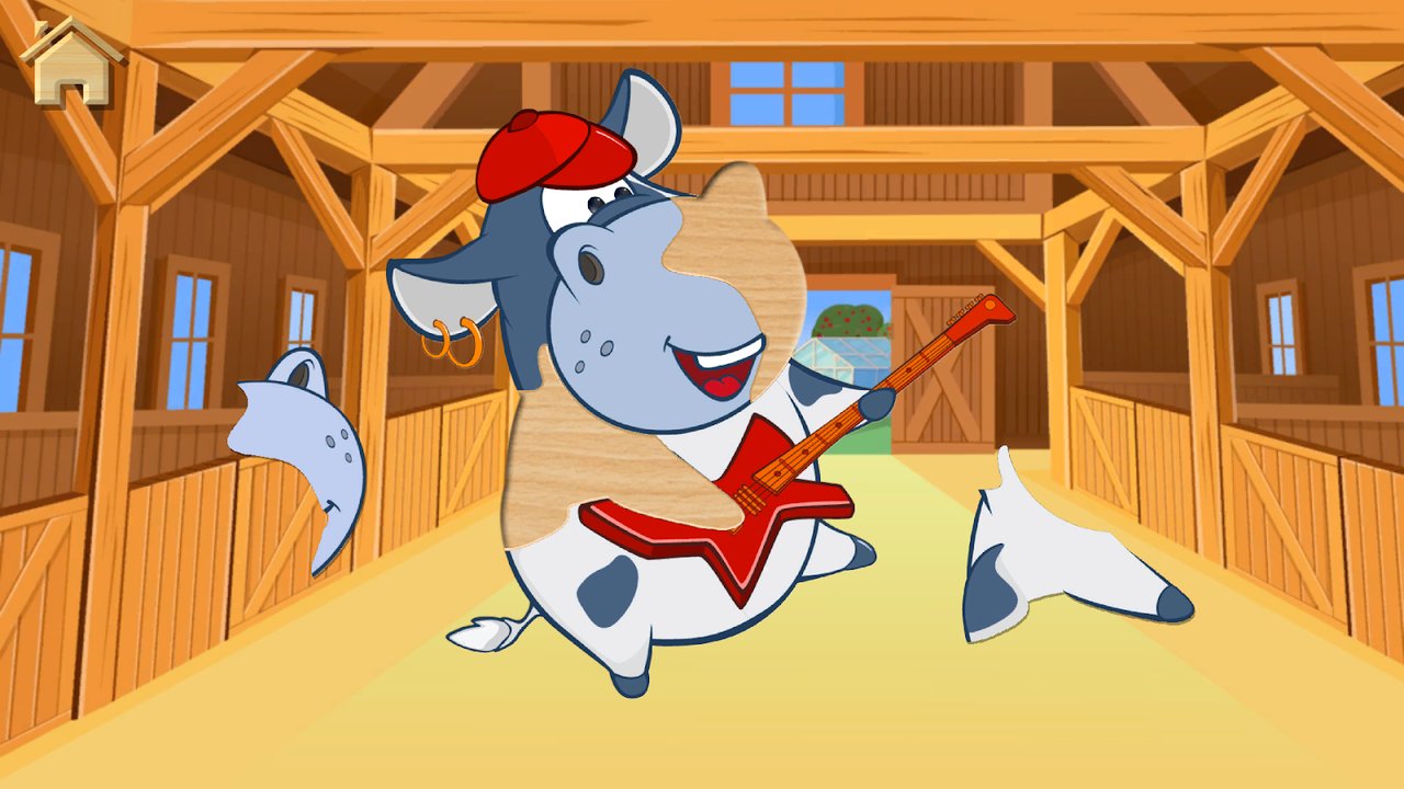 Układanie puzzli z krową grającą na gitarze elektrycznej