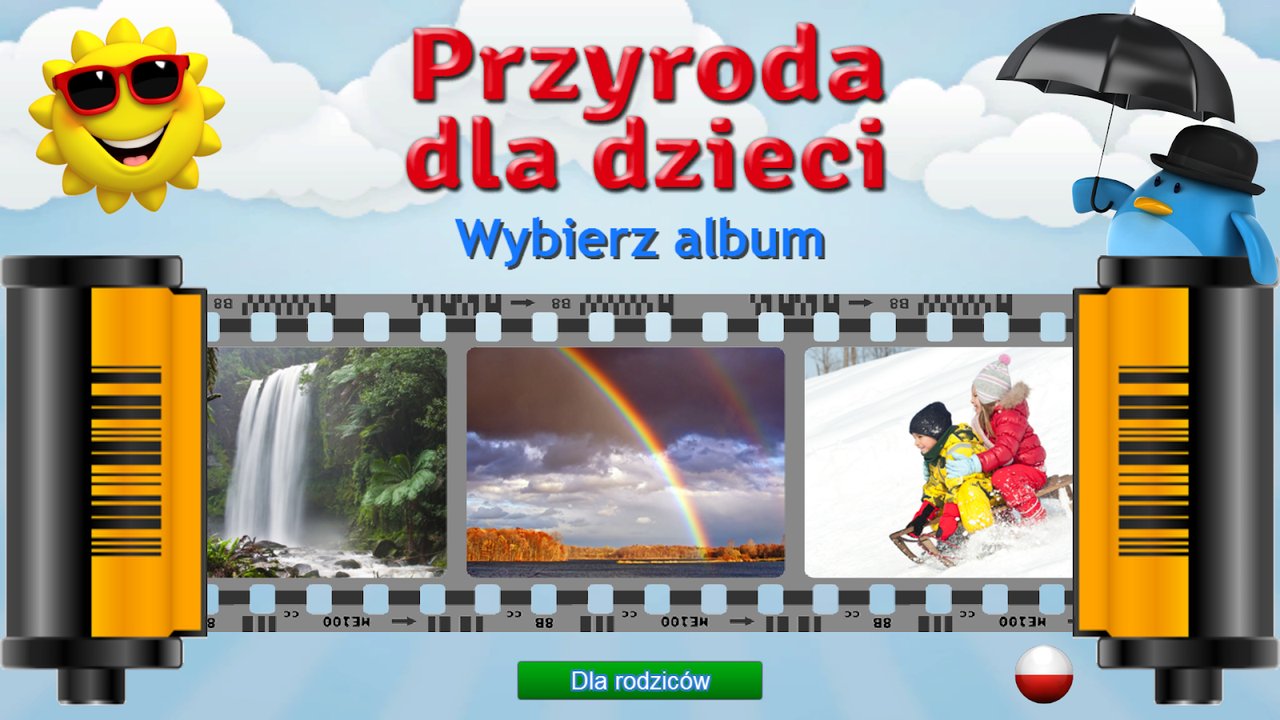 Wybór albumu z wodospadem, tęczą i zimowym zjazdem na sankach